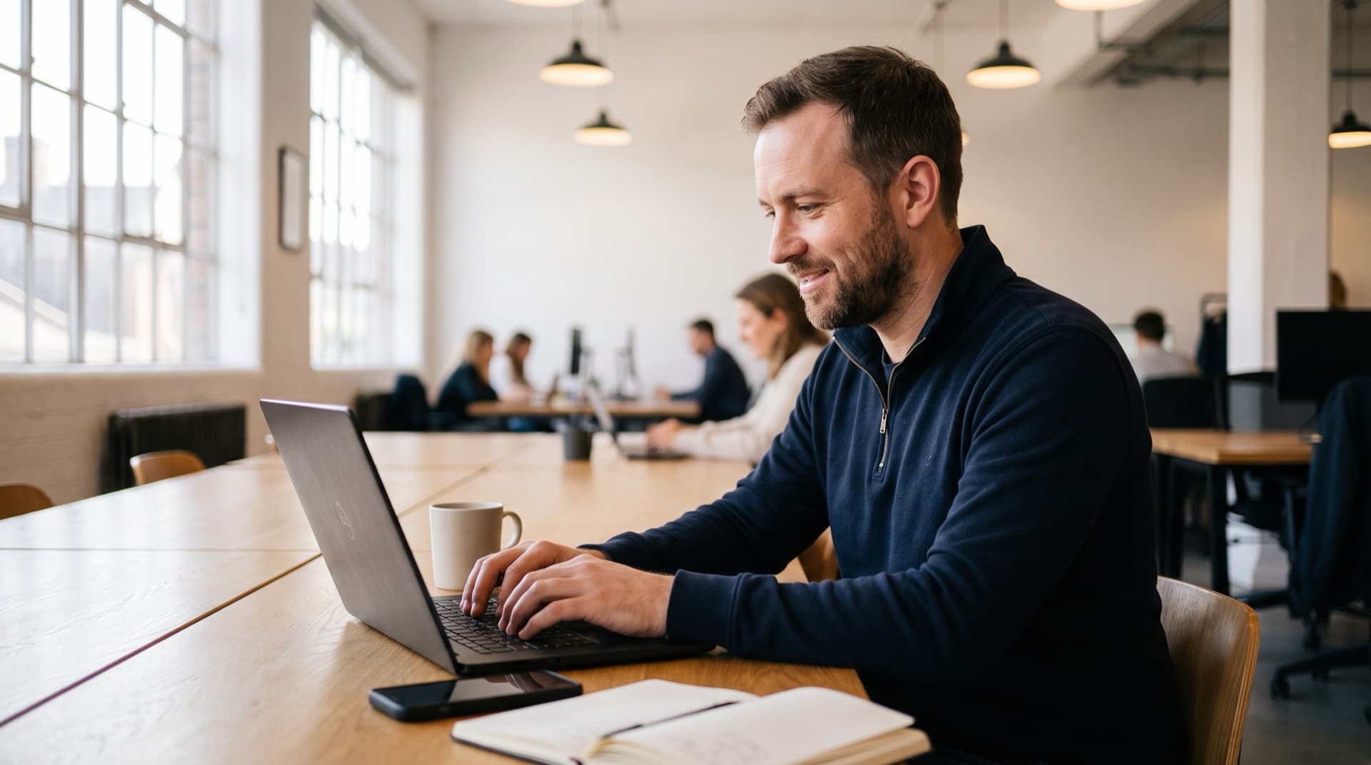 Freelancer typing on a laptop at a shared table in a bright coworking space